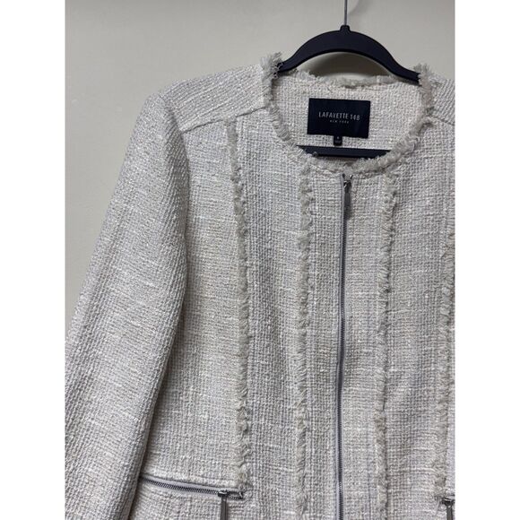 LAFAYETTE 148 Tweed Fringe Zip Front Blazer, Ivory, Pockets, Sz 8 - Picture 3 of 13